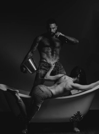 Photo for Bathroom for sex. Wild sex with Sexy Baby. Party Celebration Success Concept. Intimate relationship and sexual relations. Passionate woman with muscular latin lover - Royalty Free Image