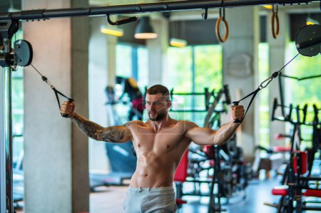 Photo for Handsome fit muscular caucasian man workout in the gym with weight pumping up muscles. Fitness and bodybuilding sport. Bodybuilder with dumbbells at gym, hard workout - Royalty Free Image