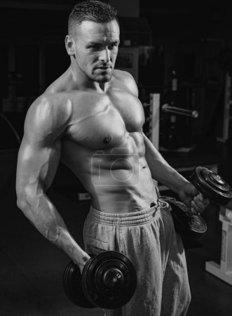 Photo for Sportsman in gym. Sporty exercises. Dumbbells workouts. Male torso with six packs. Man naked body - Royalty Free Image
