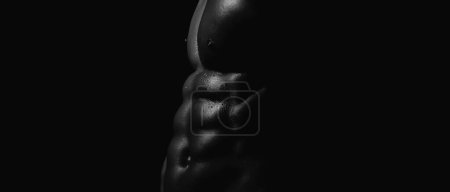 Foto de Torso masculino sin camisa de hierro sexual. Plantillas de banner con hombre muscular, torso muscular, seis abdominales paquete muscular - Imagen libre de derechos