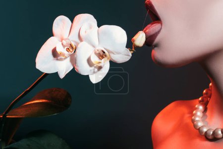 Photo for Female lips. Natural beauty lip care. Sensual womens open mouths, Tongue. Close up, macro with beautiful mouths. Sensual lips of a young woman. Cosmetics and beauty salon - Royalty Free Image