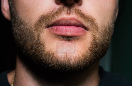 Photo for Close up face of a young man without emotions. Young bearded man against grey background - Royalty Free Image