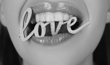 Photo for Lips in love shape. Valentines day. Womens open mouths. Tongue and sexy. Close up, macro with beautiful mouths. Sexy kiss, sensual seductive lips of a young woman - Royalty Free Image