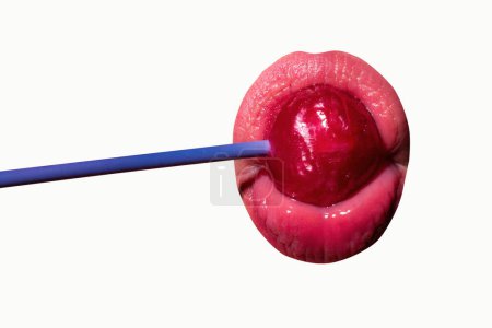 Photo for Licking candy. Lollipop model. Woman lips sucking a candy. Glamor sexy model with red lips eat sweats lolly pop isolated on white - Royalty Free Image