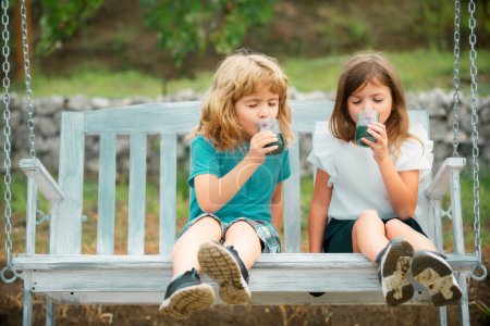 Téléchargez les photos : Deux enfants boivent du smoothie vert à l'extérieur au parc d'été. Frère et sœur heureux marchant dans la nature. Frères et sœurs garçon et fille balançant sur swing dans le jardin - en image libre de droit