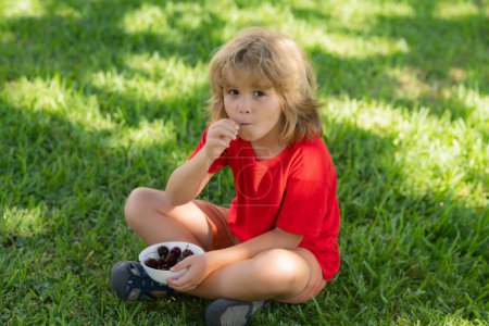 Photo for Kid sit on grass and eat cherry. Cute little boy eating cherries, making funny faces and playing with the cherries, having fun - Royalty Free Image