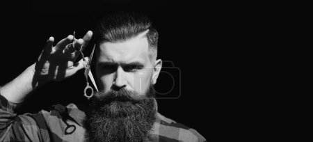 Photo for Hairdresser scissor. Bearded man, bearded male. Portrait of stylish man with classic long beard. Barber scissors, barber shop. Vintage barbershop. Mustache men. Banner for hair salon - Royalty Free Image