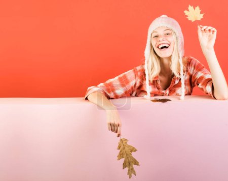 Photo for Funny autumn face. Ready for text slogan or product. Funny blonde woman advertises your products. Autumn happy people and joy. Free autumn time. Crazy people - Royalty Free Image