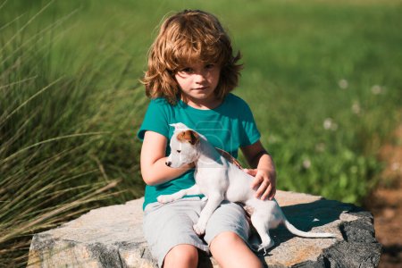 Téléchargez les photos : Enfant mignon jouant avec chihuahua chien mixte sur pelouse arrière-cour - en image libre de droit