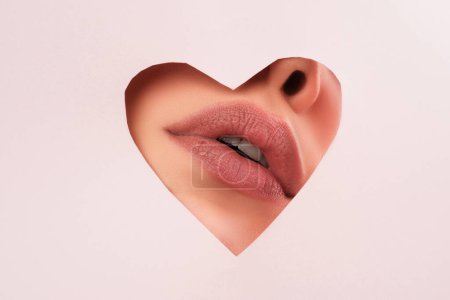 Photo for Lipscare. Nude makeup. Woman lip through hole in paper. Copy Space for advertising. Fashion beauty. Make-up and cosmetics - Royalty Free Image