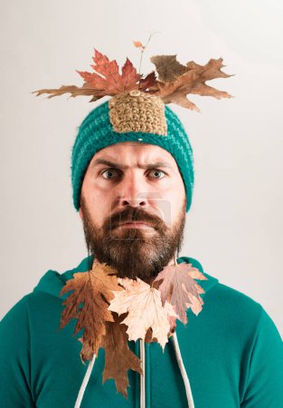 Téléchargez les photos : Homme barbu se préparent pour le jour de réduction d'automne. Homme de mode. Surprise hipster homme jouant avec des feuilles et regardant la caméra. Achats du vendredi noir
. - en image libre de droit