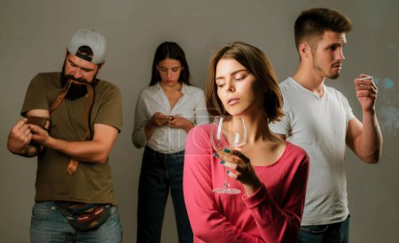 Photo for Stop alcohol addiction. Addictive group including alcohol cigarettes and drugs. Hard drugs and alcohol addict. Serious sad woman having alcohol addiction. Sad teenage girl with social problems. - Royalty Free Image
