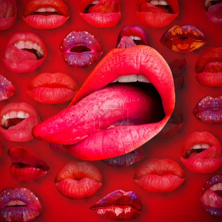 Téléchargez les photos : Lips and mouth. Female lip in red background. Woman lips - en image libre de droit