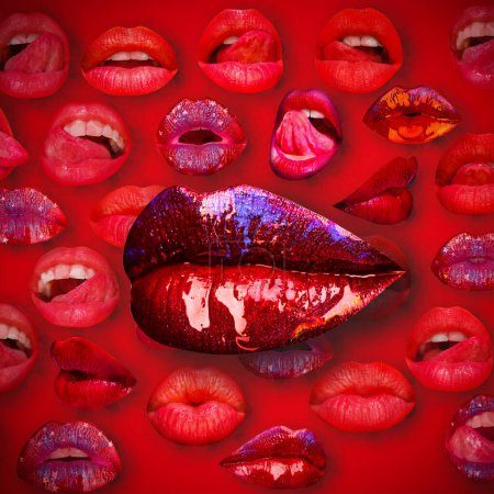 Foto de Lips and mouth. Female lip in red background. Woman lips - Imagen libre de derechos