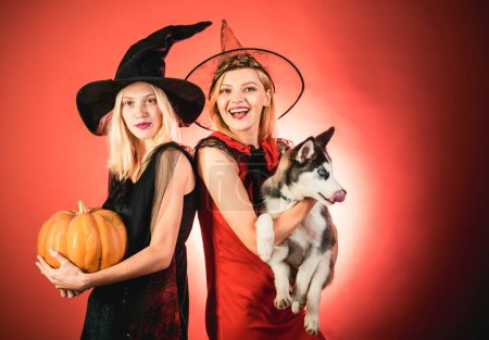 Foto de Mujer sorprendida con sombrero de brujas y traje sobre fondo rojo de Halloween. Chicas atractivas modelo en disfraz de Halloween. Fiesta de Halloween y concepto de vacaciones - Imagen libre de derechos