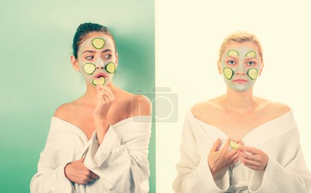 Photo for Spa and beauty care. Girls friends sisters in bathrobes making clay facial mask. Anti age care. Stay beautiful. Skin care for all ages. Women having fun skin mask. Pure beauty. Beauty product. - Royalty Free Image