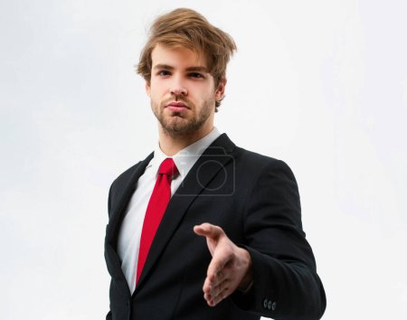 Photo for Business man shaking hands, isolated. Welcome to our team - Royalty Free Image