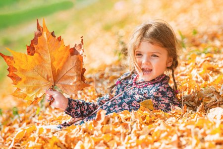 Foto de Linda niña de otoño sosteniendo hoja de arce al aire libre en un día soleado. Hermoso niño en el parque de otoño - Imagen libre de derechos