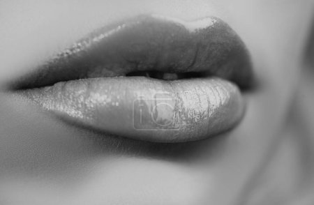 Foto de Los labios cierran. Los cosméticos hacen publicidad. Hermosos labios rojos perfectos femeninos - Imagen libre de derechos