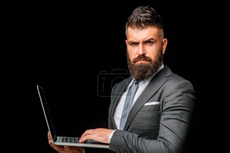 Photo for Successful business man with laptop. Handsome businessman. Business portrait of serious business man. Businessman in suit. Business people concept. Man in classic shirt and tie. Businessman on black - Royalty Free Image