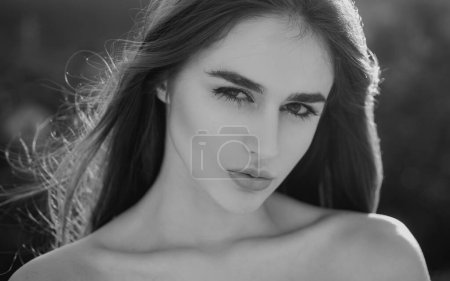 Photo for Spring natural beauty. Bare shoulders woman. Summertime girl outdoor. Closeup teen face - Royalty Free Image