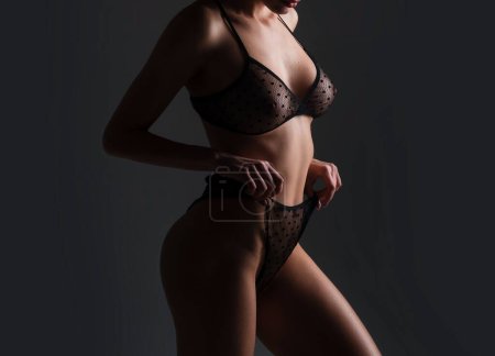 Foto de Women with large breasts in transparent lingerie. Breas, boobs in bra, sensual tits. Beautiful slim female body. Sexy lingerie model - Imagen libre de derechos