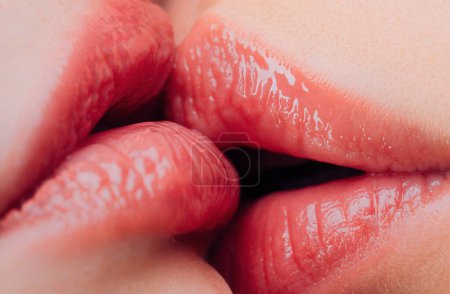 Photo for Lesbian kiss. Sensual wet female lips kissing. Lesbian pleasures. Oral pleasure. Couple girls kissing lips close up. Sensual touch kissing sexual activity. Hot foreplay. Lip care. Sex education. - Royalty Free Image