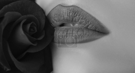 Téléchargez les photos : Belle femme lèvres bouche avec rose, bannière - en image libre de droit