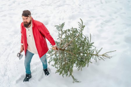 Téléchargez les photos : Père Noël dans le parc d'hiver. Père Noël bûcheron debout avec hache sur fond de forêt. sapin Santa Lumberjack dans le fond de neige blanche - en image libre de droit