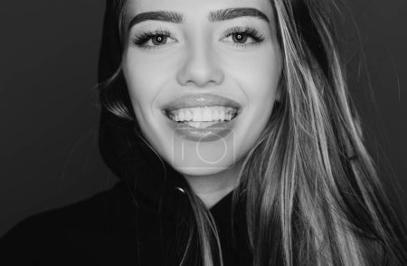 Photo for Smile girl, close-up face. Beauty fashion portrait. Smiling young woman on gray - Royalty Free Image