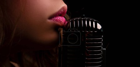 Photo for Karaoke. Closeup lip with vintage microphone. Sensual woman singer. Concert singing - Royalty Free Image