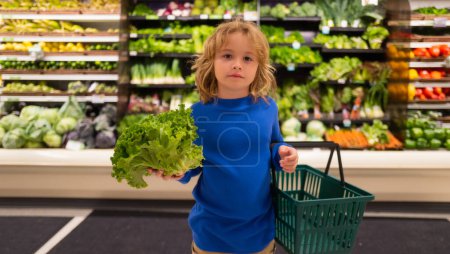 Téléchargez les photos : Enfant avec panier et légumes frais. Alimentation saine pour les enfants. Portrait d'un petit enfant souriant avec sac à provisions à l'épicerie ou au supermarché - en image libre de droit