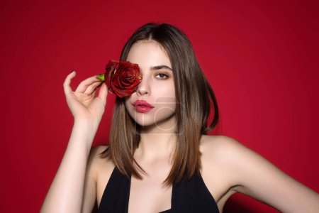 Photo for Beauty and flower. Valentines day, celebration and beauty concept. Charming romantic young woman with flowers, studio background - Royalty Free Image
