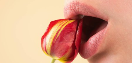 Photo for Foreplay blowjob. Sexy girl sucking and licking flower. Blowjob fellation concept. Oral sex. Girl blowjob. Blow job oral sex simulation. Blowjob and sensual oral lick. Sexy female mouth and flower - Royalty Free Image