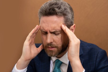 Photo for Headache and eye strain on laptop. Business man with stress and fatigue eyestrain. Businessman rubbing tired eyes after computer work. Vision problem, bad sight feeling eyestrain fatigue pain - Royalty Free Image
