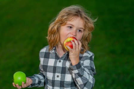 Photo for Biting an apple. Kid hehy lifestyle. Child hold a fresh apple outdoor. Healthy food concept. Child eating ripe apple - Royalty Free Image