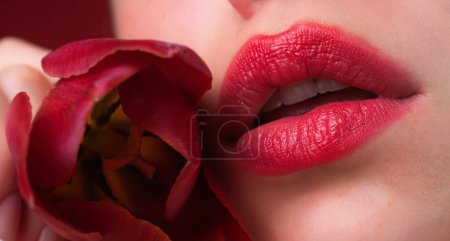 Téléchargez les photos : Rouge à lèvres rouge. Des lèvres rondes. Lèvres naturelles avec tulipe. Femme sexy bouche sur tulipe, macro lèvre. Soin et tendresse. Gros plan belles lèvres avec fleur. Les lèvres sexy collent. Touche des lèvres sensuelle, rouge à lèvres rouge - en image libre de droit
