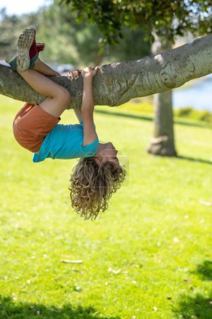 Kind klettert auf einen Ast. Kind klettert auf Baum