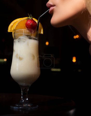 Photo for Close up of sexy woman with sensual lips and mouth drinking cocktails. Cocktail menu. Party and summer. Cocktail for young. Bar and restaurant concept - Royalty Free Image
