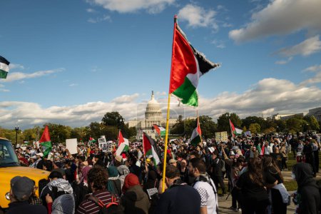 Photo for Washington DC, USA - October 21, 2023: Pro-Palestine, anti-Israel protesters. Israel and Hamas in the Gaza Strip. War between Israel and Palestine. American muslim for palestine - Royalty Free Image