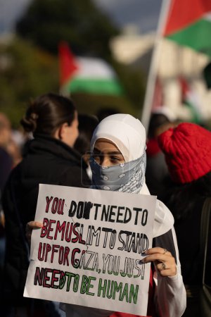Photo for Washington DC, USA - October 21, 2023: Pro-Palestine, anti-Israel protesters. Israel and Hamas in the Gaza Strip. War between Israel and Palestine. Protest Signs at Palestine Protest in Washington DC - Royalty Free Image