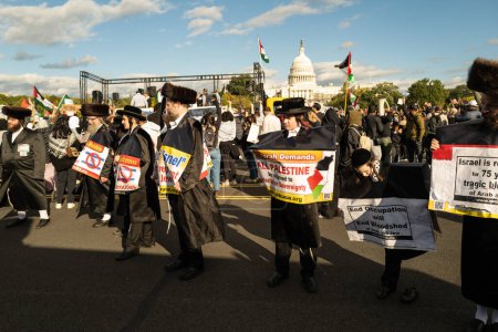 Photo for Washington DC, USA - October 21, 2023: Pro-Palestine, anti-Israel protesters. Israel and Hamas in the Gaza Strip. War between Israel and Palestine. Protest Signs at Palestine Protest in Washington DC - Royalty Free Image
