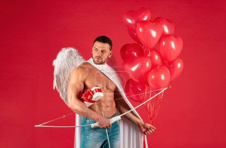Photo for Sexy man on valentines day. Symbol of love. Guy in angel costume. Cupid with bow. February 14. Handsome angel man with angel wings. Great present for girlfriend. Angelic naked young guy - Royalty Free Image