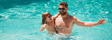 Photo for Father and son swimming in pool, summer family weekeng. Banner for design header, copy space - Royalty Free Image