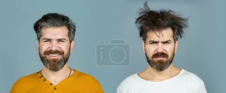 Man hair loss and problem hair. Hairs problems. Sad and happy. Haircare and loss hair problem. Tangling hairs. Combing damaged hairs. Beard and mustache. Hairstyle, hair stylist. Male beauty