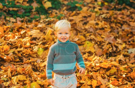Foto de Niño de otoño, lindo niño con hojas caídas en el parque de otoño. Lindo niño en suéter chaqueta caliente en el fondo de la naturaleza de otoño - Imagen libre de derechos