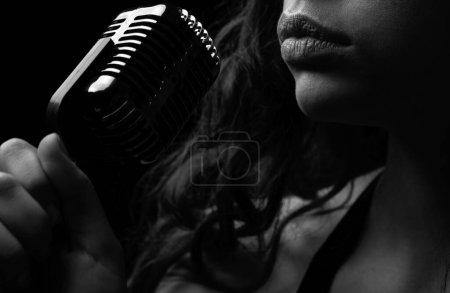 Photo for Karaoke. Closeup woman with vintage microphone lips. Sensual girl singer. Concert, sing - Royalty Free Image