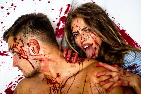 Photo for Donation and donar. Zombie. Bloody mess. Full of blood. Muscular man in blood. Bloody halloween couple in love - Royalty Free Image