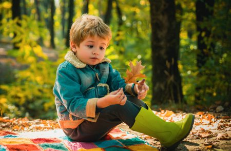 Foto de Lindo chico con hojas de otoño en el fondo de la naturaleza de otoño. Hola otoño adiós verano - Imagen libre de derechos
