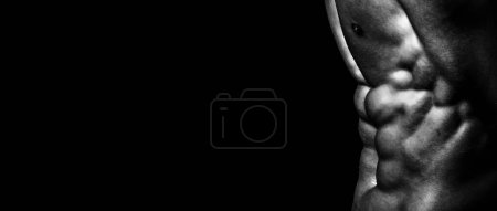 Photo for Coach sportsman with bare chest. Banner templates with muscular man, muscular torso, six pack abs muscle. Black and white - Royalty Free Image